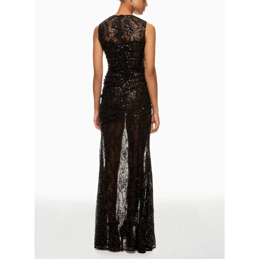 Aknvas Black Sequin Gown Size 6 Formal Luxury Sheer Ruched Flattering $1000 - Picture 5 of 13